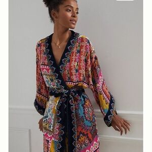 Zadie Mixed Print Velvet Robe By Anthropologue Size M/L Loungewear
